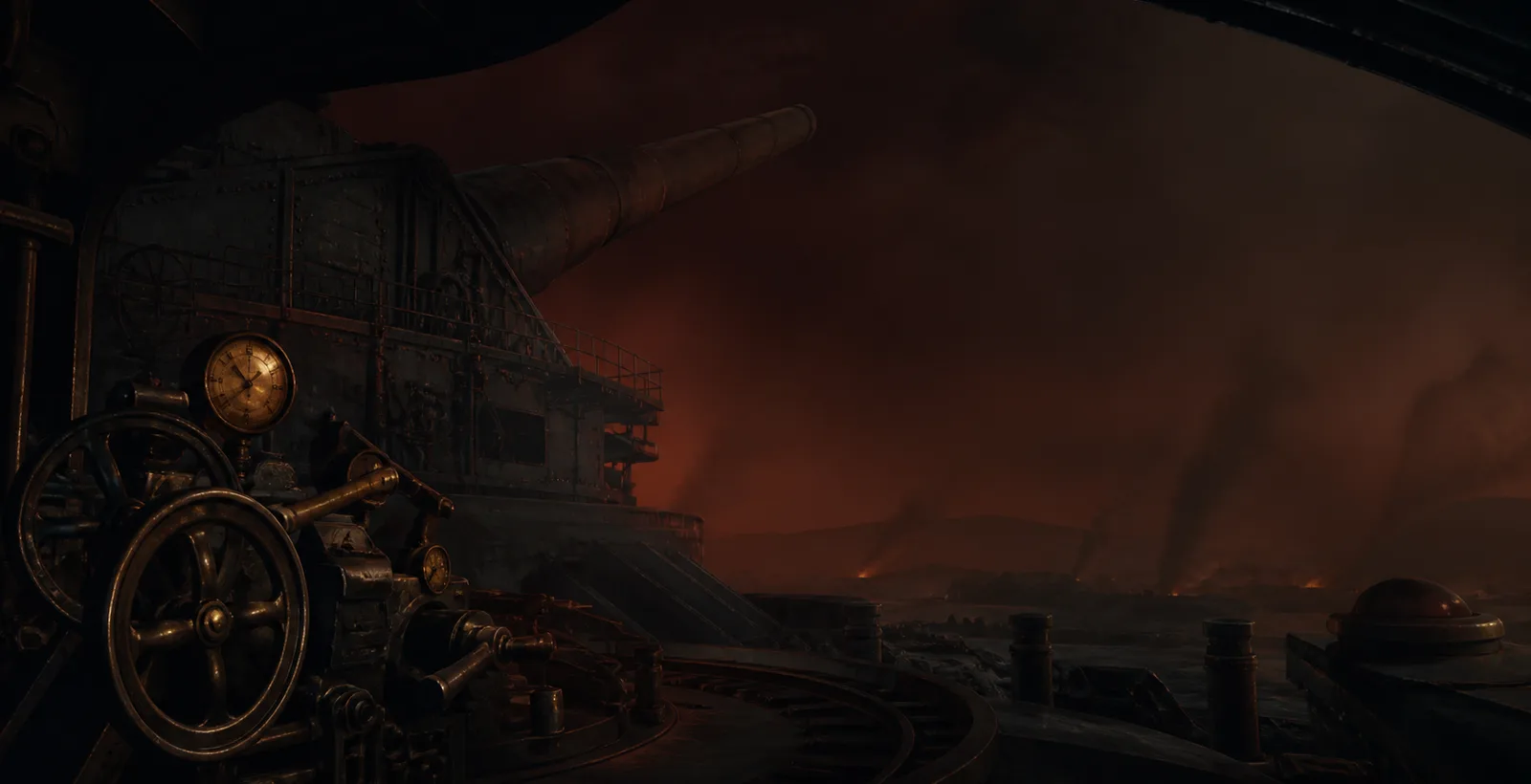 Original dieselpunk heavy turret crew station overlooking a smoky battlefield