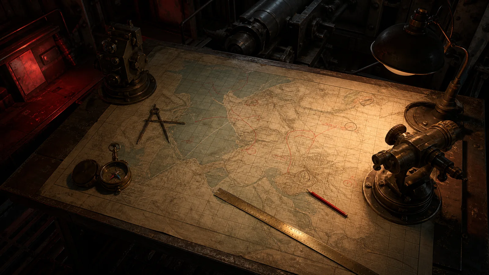 Original overhead plotting table showing a tactical map, compass, and coordinate marks